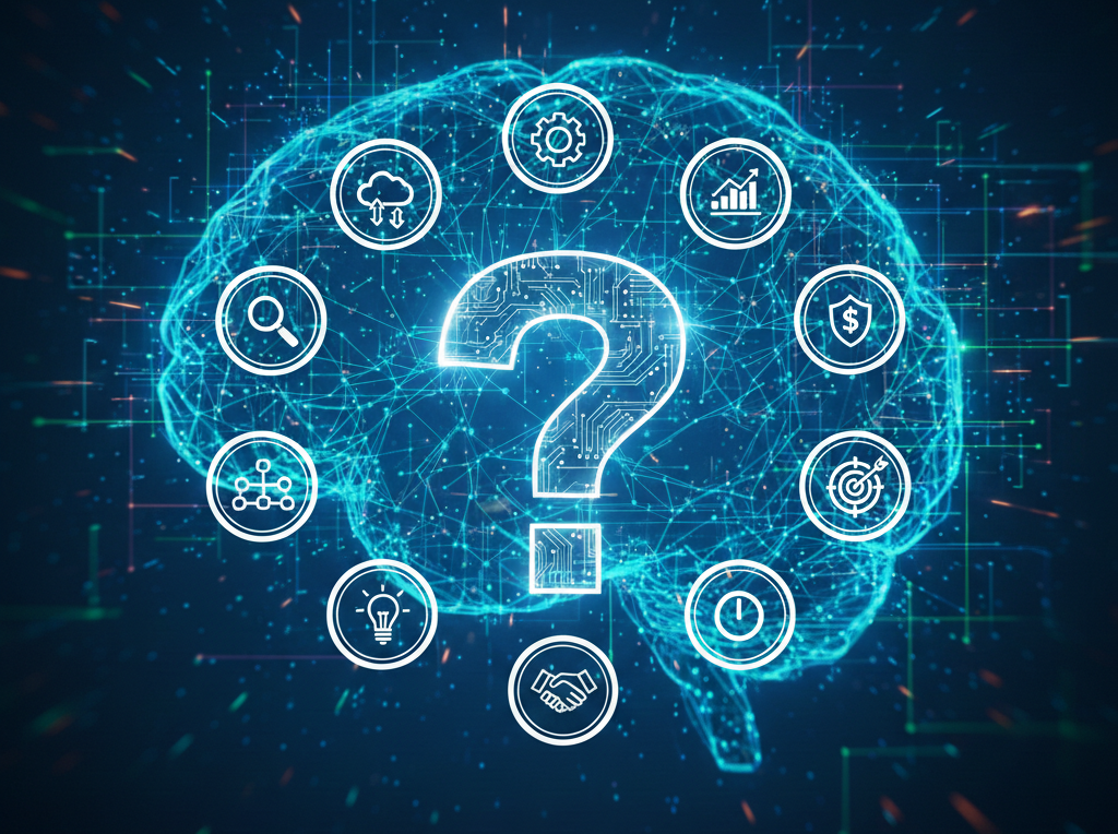 Brain with a question mark and technology icons