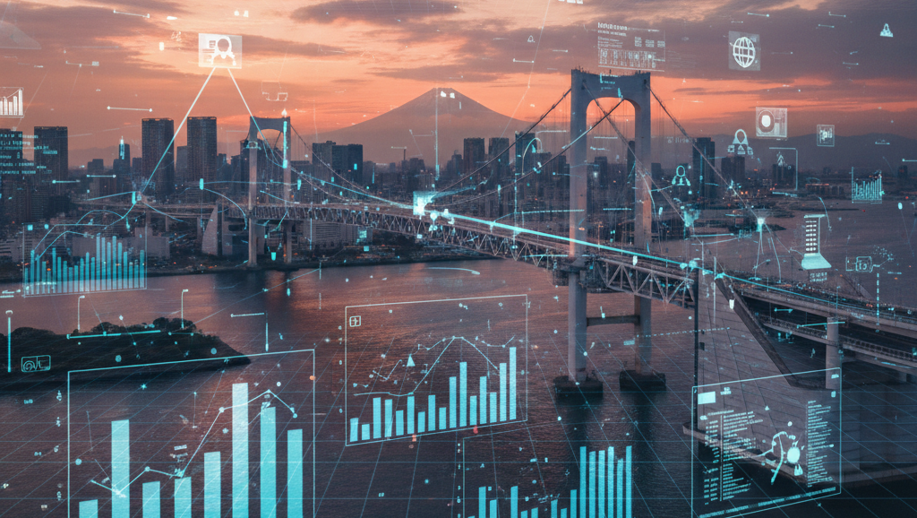 Bridge at sunset with Mount Fuji in the background