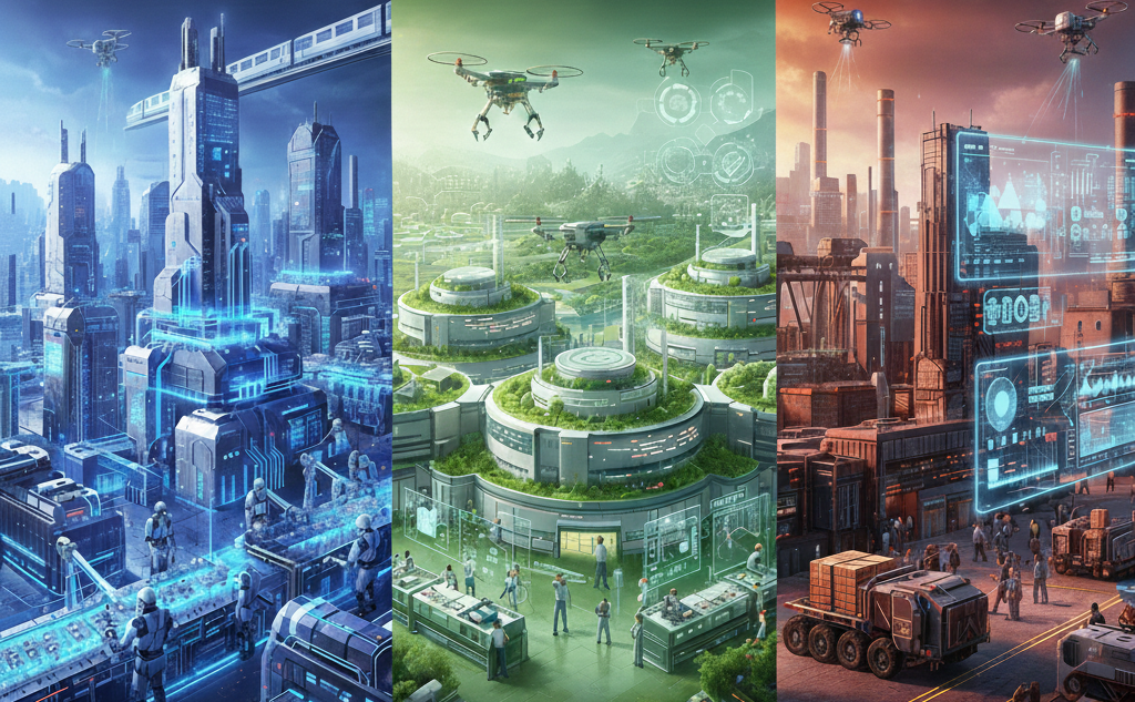 different manufacturing hubs divided in blue, green, and red